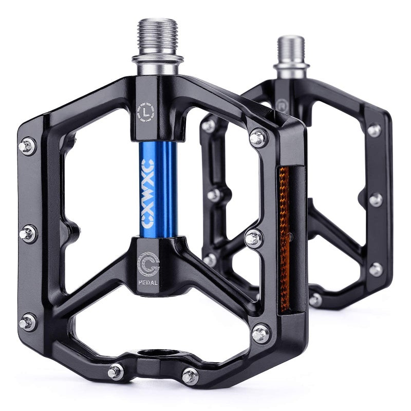 CXWXC Road/MTB Bike Pedals - Aluminum Alloy Bicycle Pedals - Mountain Bike Pedal with Removable Anti-Skid Nails (D:Black-Blue) - Image 1